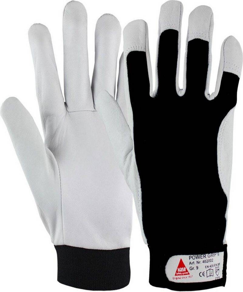 Hase Safety Gloves Lederhandschuhe Power Grip II Montagehandschuh aus Ziegenappaleder (Packung, 10-St., VPE= 10 Paar, Gr 7- 12) Atmungsaktiv/Klett von Hase Safety Gloves