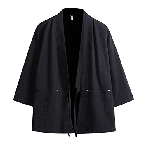 Haseil Herren Kimono Cardigan Japanische Jacken Casual Baumwolle 3/4 Ärmel Shirt Open Front Coat Leichte Leinen Outwear, Schwarz, Medium von Haseil