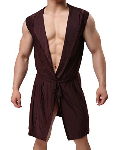 Haseil Herren-Kimono-Bademantel mit Kapuze, ärmellos, vorne offen, Nachtwäsche Pyjama - Braun - X-Large von Haseil