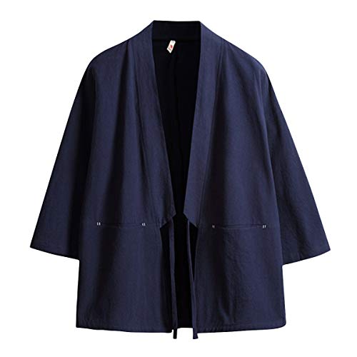 Haseil Herren Kimono Cardigan Japanische Jacken Casual Baumwolle 3/4 Ärmel Shirt Open Front Coat Leichte Leinen Outwear, Marineblau, X-Large von Haseil