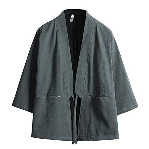 Haseil Herren Kimono Strickjacke Japanische Jacken Casual Baumwolle 3/4 Ärmel Hemd Offener Vordermantel Leicht Leinen Yukata, Grau, L von Haseil