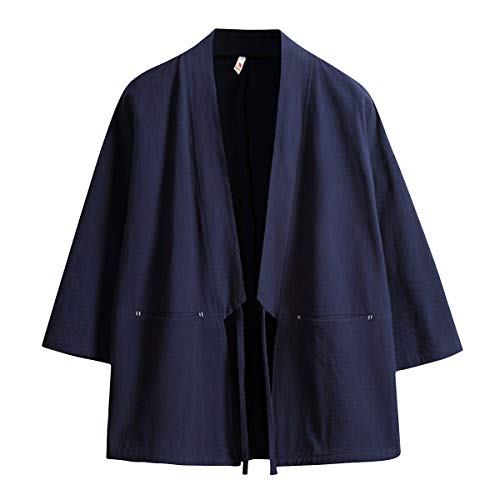 Haseil Herren Kimono Strickjacke Japanische Jacken Casual Baumwolle 3/4 Ärmel Hemd Offener Vordermantel Leicht Leinen Yukata, Marineblau, XXX-Large von Haseil
