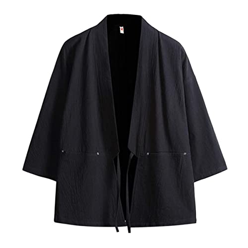 Haseil Herren Kimono Strickjacke Japanische Jacken Casual Baumwolle 3/4 Ärmel Hemd Offener Vordermantel Leicht Leinen Yukata, Schwarz, L von Haseil