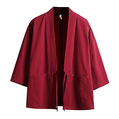 Haseil Herren Kimono Strickjacke Japanische Jacken Casual Baumwolle 3/4 Ärmel Hemd Offener Vordermantel Leicht Leinen Yukata, Weinrot, XL von Haseil