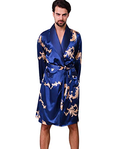 Haseil Herren Satin Robe Dragon Luxuriöse Seide Spa Langarm Haus Kimono Bademantel, blau, XXX-Large von Haseil