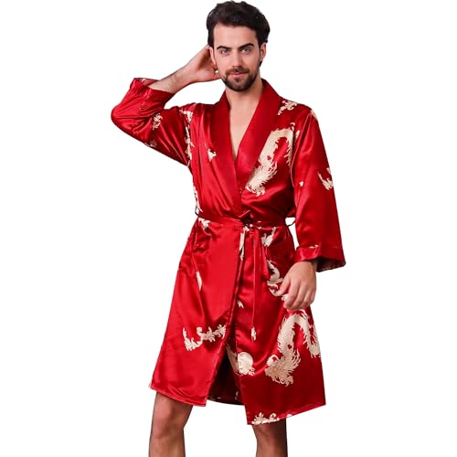 Haseil Herren Satin Robe Dragon Luxuriöse Seide Spa Langarm Haus Kimono Bademantel, rosarot, X-Large von Haseil
