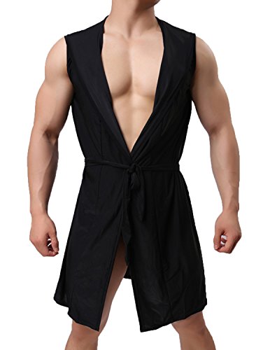 Haseil Herren Seide Kimono Bademantel Kapuze Ärmellos Open Front Nachtwäsche Pyjama, Schwarz, X-Large von Haseil