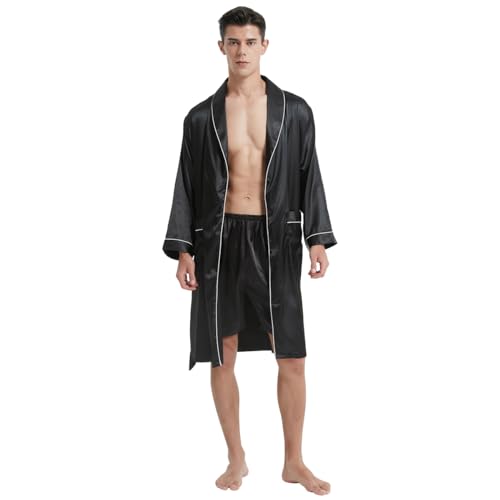 Haseil Luxuriöser Kimono-Bademantel für Herren, mit Shorts, Seidensatin, leicht, langärmelig, Nachtwäsche-Set, Schwarz1, X-Large von Haseil