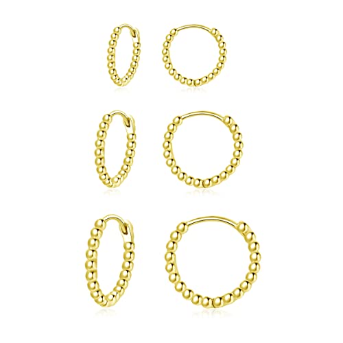 Hasnsofie Creolen Silber Damen Ohrringe, 3 Paare 925 Sterling Silber Creolen Ohrringe Set, Hypoallergen Klein Schlafen Creolen Ohrringe, Unisex Gold Perlen Kreolen Ohrringe Set in 10, 12, 14mm von Hasnsofie