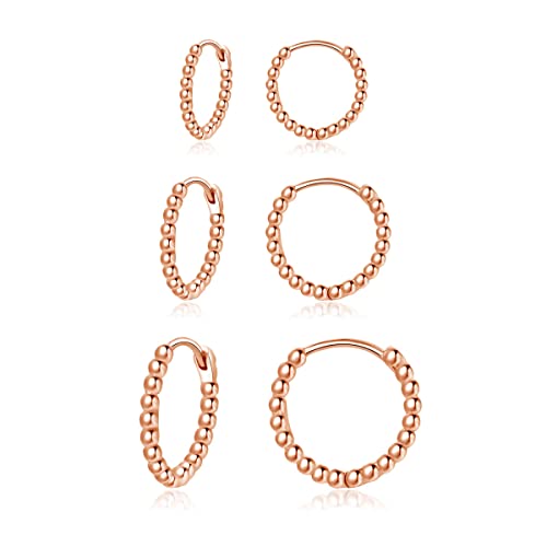 Hasnsofie Creolen Silber Damen Ohrringe, 3 Paare 925 Sterling Silber Creolen Ohrringe Set, Hypoallergen Klein Schlafen Creolen Ohrringe, Unisex Rose Gold Perlen Kreolen Ohrringe Set in 10, 12, 14mm von Hasnsofie