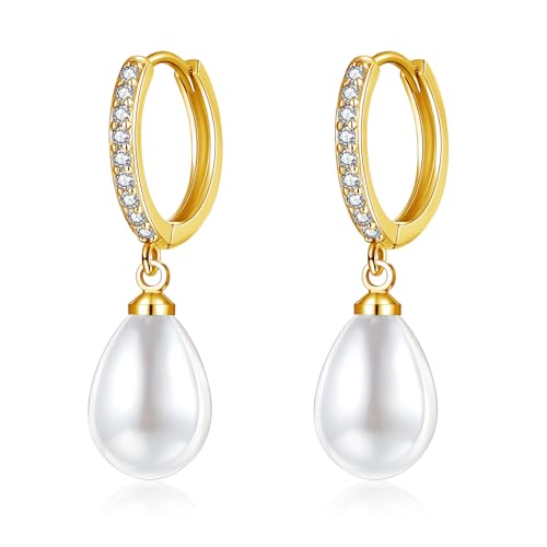 Hasnsofie Creolen mit Anhänger, Gold Ohrringe 925 Silber für Mädchen, Damen Creolen Ohrhänger Silber, Perle Hängend Creolen für Mehrere Ohrlöcher, Hypoallergen Silber 925 Ohrringe mit Cubic Zirkonia von Hasnsofie