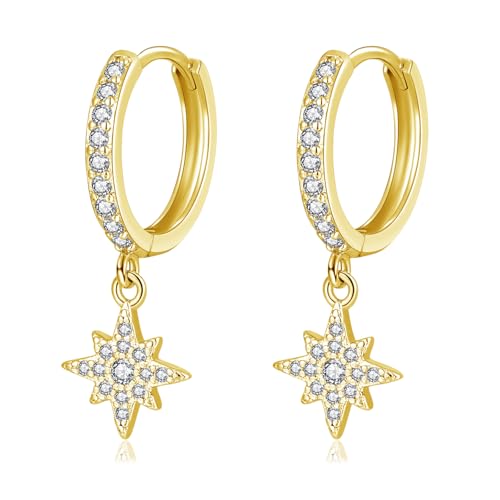 Hasnsofie Creolen mit Anhänger, Gold Ohrringe 925 Silber für Mädchen, Damen Zirkonia Hängend Ohrring Silber, Stern Hängend Ohrring Creolen für Mehrere Ohrlöcher, Hypoallergen Silber Creolen Ohrhänger von Hasnsofie