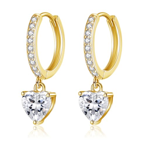 Hasnsofie Creolen mit Anhänger, Gold Ohrringe Silber für Mädchen, Creolen Ohrhänger Silber, Herz Hängend Ohrringe Creolen für Mehrere Ohrlöcher, Hypoallergen Cubic Zirkonia Silber Ohrringe von Hasnsofie