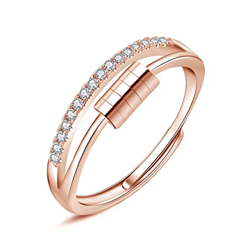 Hasnsofie Silber Damen Anxiety Ring 925 Sterling Silber Angst Ringe, Offen Rose Gold Zirkonia Angst Spinning Ringe, Verstellbar Fidget Spinner Ring Anti Stress Ring Stimmungsring Dekompressionsring von Hasnsofie