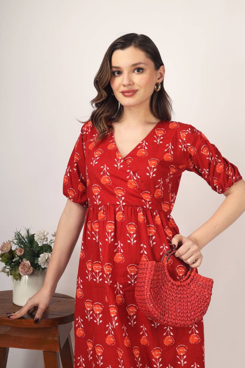 Rotes Maxikleid Aus Baumwolle Mit Blockprint Für Frauen, Sommerkleid, Boho Maxikleid, Auf Bestellung, Plus Größe, Nach Maß von HasthaKatha