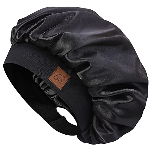 Hat Hut Schlafmütze aus Satin für Damen Herren, Seidenhaube Silk Bonnet Haarhaube, Verstellbares Breites Band, Doppellagig (Schwarz) von Hat Hut