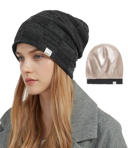 Hat Hut Damen Beanie Satin Gefütterte Wintermütze Strickmütze für Haar, Warme Satin Lined Beanie Mütze Slouchy Beanie Ski Hat Unisex (DE/NL/SE/PL, Alphanumerisch, Einheitsgröße, Schwarz) von Hat Hut