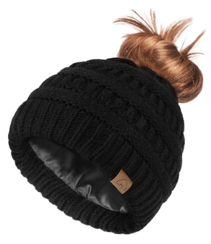 Hat Hut Damen Satin gefütterte Beanie-Mütze, Wintermütze für lockiges Haar, Pferdeschwanz Ponytail Beanie, Strickmütze (DE/NL/SE/PL, Alphanumerisch, Einheitsgröße, Schwarz) von Hat Hut