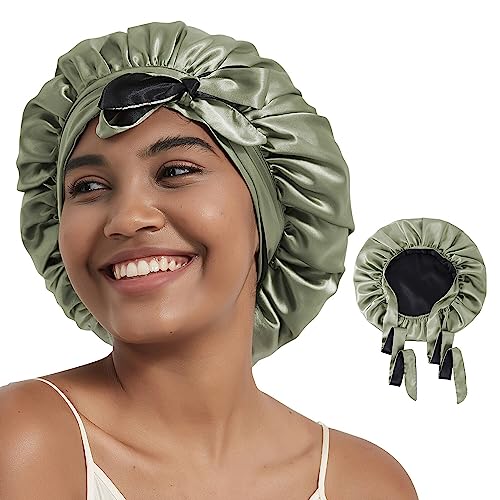 Hat Hut Schlafmütze Seiden Haarhaube Satin Schlafhaube für Locken Seidenhaube zum Schlafen Silk Bonnet Schlafkappe für Damen und Mädchen (Olivgrün/Schwarz) von Hat Hut