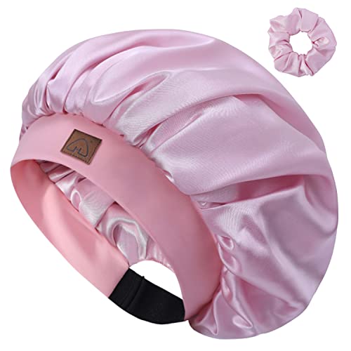 Hat Hut Satin-Seidenhaube für lockiges Haar Schlafkappe für Frauen Schlafen Verstellbare Haarhaube mit Muster Doppelschicht (Leuchtend Rosa) von Hat Hut