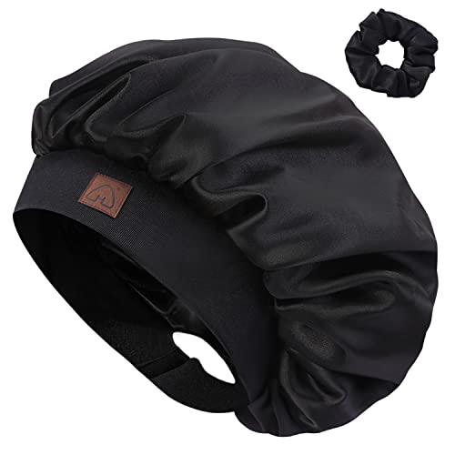 Hat Hut Satin-Seidenhaube für lockiges Haar Schlafkappe für Frauen Schlafen Verstellbare Haarhaube mit Muster Doppelschicht (Schwarz, Einheitsgröße) von Hat Hut