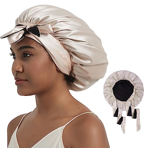 Hat Hut Schlafmütze Seiden Haarhaube Satin Schlafhaube für Locken Seidenhaube zum Schlafen Silk Bonnet Schlafkappe für Damen und Mädchen (Champagner/Schwarz) von Hat Hut