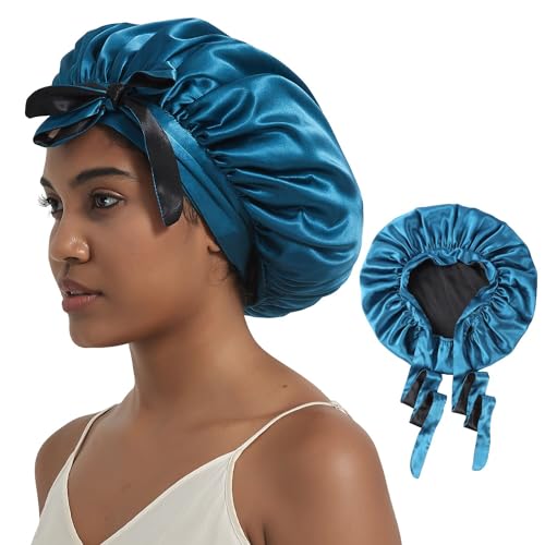 Hat Hut Schlafmütze Seiden Haarhaube Satin Schlafhaube für Locken Seidenhaube zum Schlafen Silk Bonnet Schlafkappe für Damen und Mädchen (Preußischblau/Schwarz) von Hat Hut