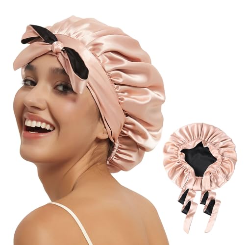 Hat Hut Schlafmütze Seiden Haarhaube Satin Schlafhaube für Locken Seidenhaube zum Schlafen Silk Bonnet Schlafkappe für Damen und Mädchen (Rosa/Schwarz) von Hat Hut