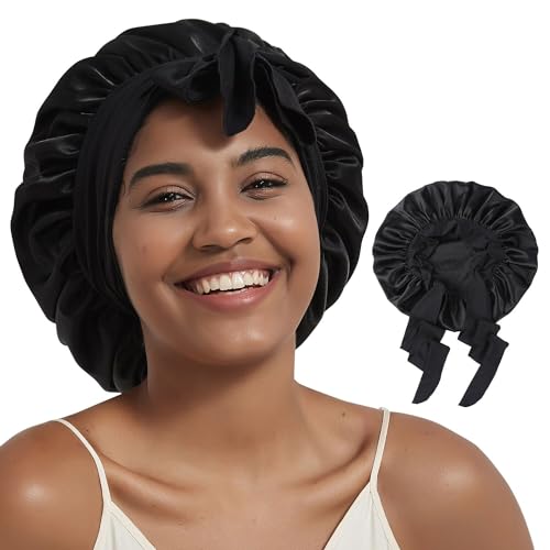 Hat Hut Schlafmütze Seiden Haarhaube Satin Schlafhaube für Locken Seidenhaube zum Schlafen Silk Bonnet Schlafkappe für Damen und Mädchen (Schwarz/Schwarz) von Hat Hut