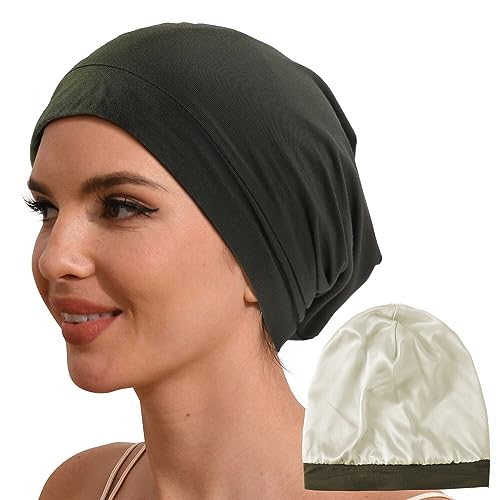 Hat Hut Seidenmütze Schlafmütze aus 100% Maulbeerseide gefüttert, Silk Bonnet, Haube für lockiges Haar, Schlafhaube zum Schlafen, Slouchy Beanie (Grün) von Hat Hut