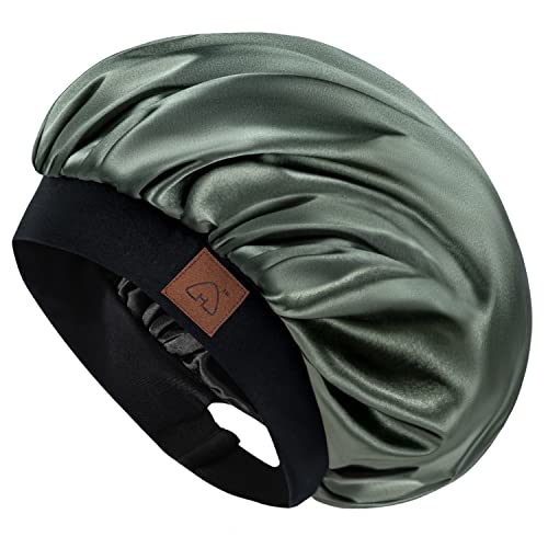 Hat Hut Schlafmütze aus Satin für Damen Herren, Seidenhaube Silk Bonnet Haarhaube, Verstellbares Breites Band, Doppellagig (Olivgrün) von Hat Hut