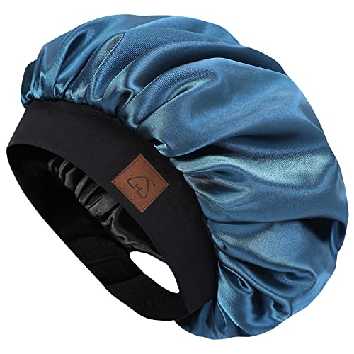 Hat Hut Schlafmütze aus Satin für Damen Herren, Seidenhaube Silk Bonnet Haarhaube, Verstellbares Breites Band, Doppellagig (Preußischblau) von Hat Hut