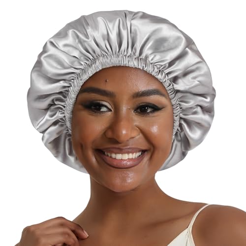 Hat Hut Seidenhaube Satin Bonnet Satin Schlafhaube Einstellbare Seidenmütze Doppellagig Silk Schlafmütze für Damen (Grau/Schwarz) von Hat Hut