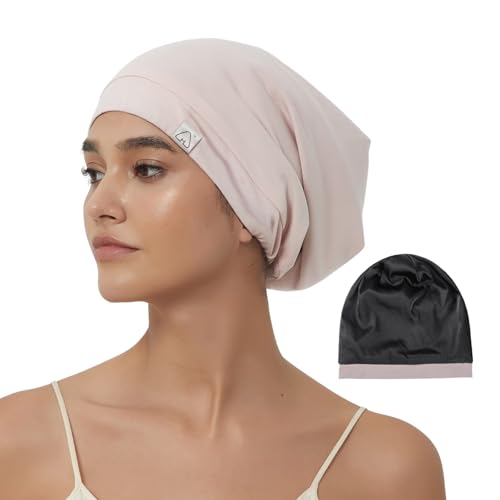 Hat Hut Seidenhaube zum Schlafen Satin Schlafmütze für Locken Haar Silk Bonnet Schlafkappe Slouchy Beanie Mütze für Frauen Männer (DE/NL/SE/PL, Alphanumerisch, L, Rosa) von Hat Hut