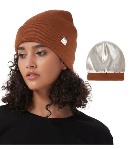 Hat Hut Unisex Slouch Beanie Satin Gefütterte Wintermütze Strickmütze für Haar, Warme Satin Lined Beanie Mütze für Damen Herren (DE/NL/SE/PL, Alphanumerisch, Einheitsgröße, Dunkelorange) von Hat Hut