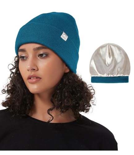 Hat Hut Unisex Slouch Beanie Satin Gefütterte Wintermütze Strickmütze für Haar, Warme Satin Lined Beanie Mütze für Damen Herren (DE/NL/SE/PL, Alphanumerisch, Einheitsgröße, Monterey Blau) von Hat Hut