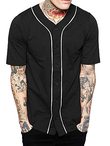 Hat and Beyond Herren Baseball Button Down Jersey Hipster Hip Hop T Shirts - Schwarz - Groß von Hat and Beyond