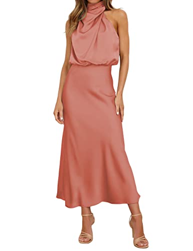 Hatant Satin Maxikleid für Damen Seide Hochzeitsgast Kleid Maxikleid Ärmellos Elegant Neckholder Wickelkleid Cocktailkleid, A-Tangerine, X-Klein von Hatant