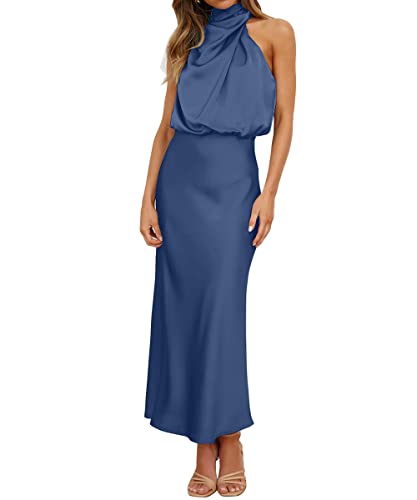 Hatant Satin Maxikleid für Damen Seide Hochzeitsgast Kleid Maxikleid Ärmellos Elegant Neckholder Wickelkleid Cocktailkleid, A-graublau, Mittel von Hatant