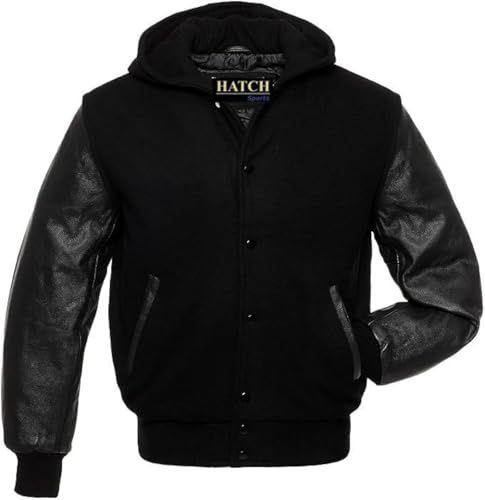 Hatch Sports Varsity Kapuzenjacke für Baseball Letterman Bomber Schuljacke Wollkörper und Ärmel aus echtem Rindsleder, Schwarz, L von Hatch Sports