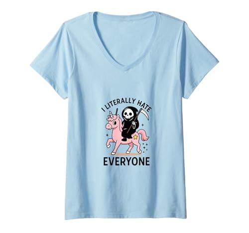 Damen Hate Everyone Sensenmann Shirt Lustiges rosa Einhorn sarkastisch T-Shirt mit V-Ausschnitt von Hate Everyone Grim Reaper Tee Shirts Introverts
