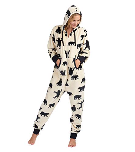 Hatley Damen Fuzzy Fleece Black Bear Family Jumpuits met capuchon Onesie, White (Adult Jumpsuit - Black Bears On Natural ), S EU von Hatley