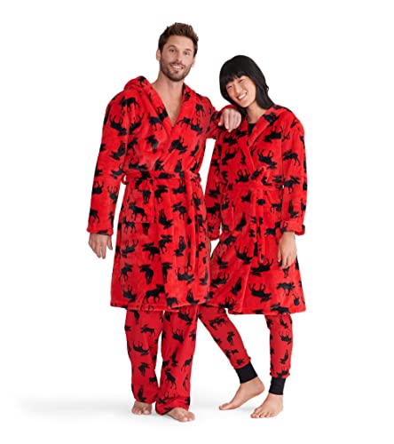 Little Blue House by Hatley Damen Adult Fuzzy Fleece Robes Bademantel, Red (Moose On Red), X-Large von Hatley