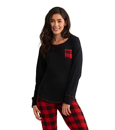 Hatley Damen Long Sleeve Pajama Tops Pyjamaoberteil, Schwarz Mit Buffalo Plaid Pocket, Mittel von Hatley