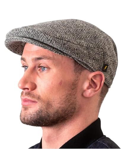 Hatman of Ireland Authentische Tweed Flachkappe für Herren 100% Donegal Tweed Fischgrätenmuster handgefertigt Hergestellt in Irland (DE/NL/SE/PL, Alphanumerisch, L, silberfarben/grau) von Hatman of Ireland