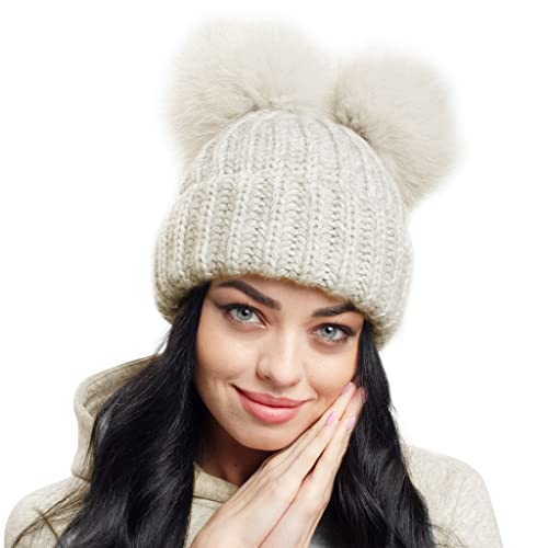 2 Pom Beanie Damen Strickmütze Warme Wintermütze Fleece Gefüttert, beige, XL von Hats&Cats