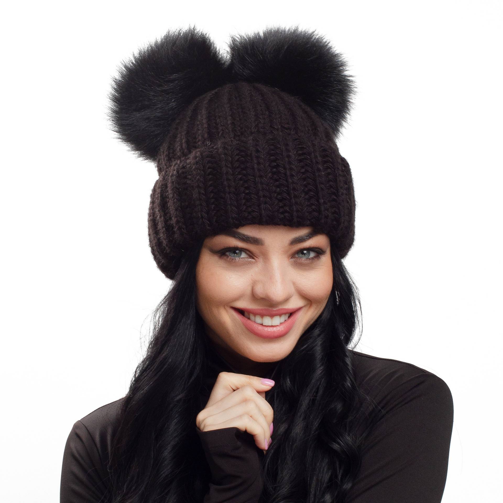 Doppel Pom Beanie Frauen, 2 Kunstpelz Stricken Winter Warme Fleece Gefütterte Mütze, Schnee Outdoor Skimütze, Schwarz Hut, Wintermützen Hut von HatsCats