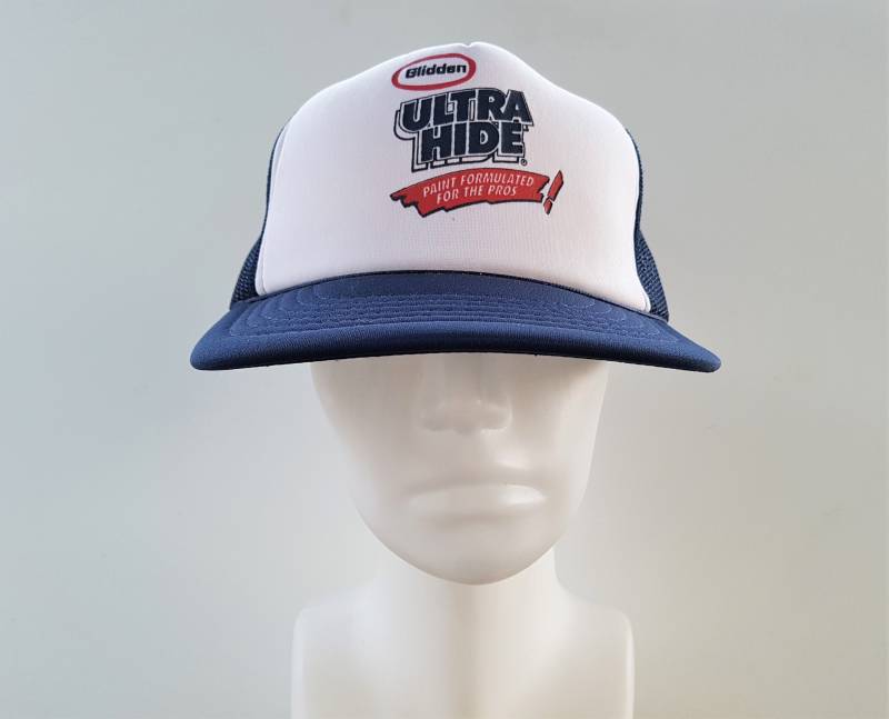 Vintage 80Er Jahre Glidden Ultra Hide Trucker Hat "Paint For The Pros' Navy Blue Mesh Snapback Headliner Young An Promo Baseball Cap von HatsForward