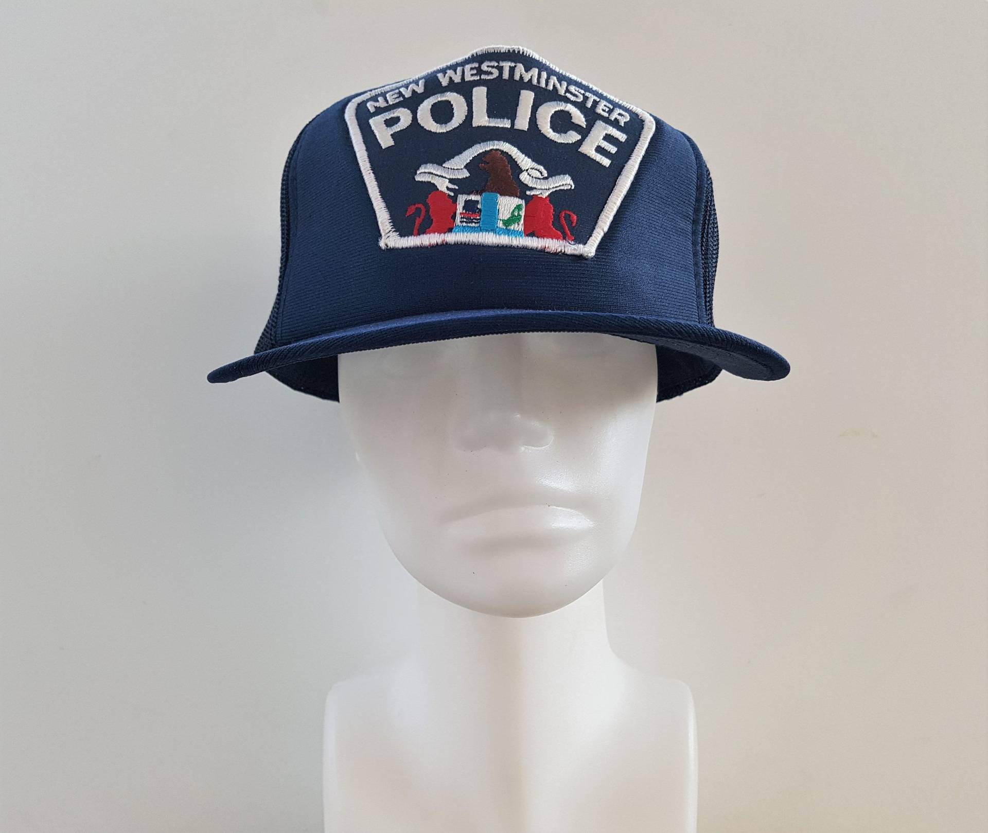 Vintage 80Er Jahre New Westminster City Polizei Trucker-Hut Defunct Logo Patch Original Navy Mesh Snapback Einstellbare Baseballkappe British von HatsForward