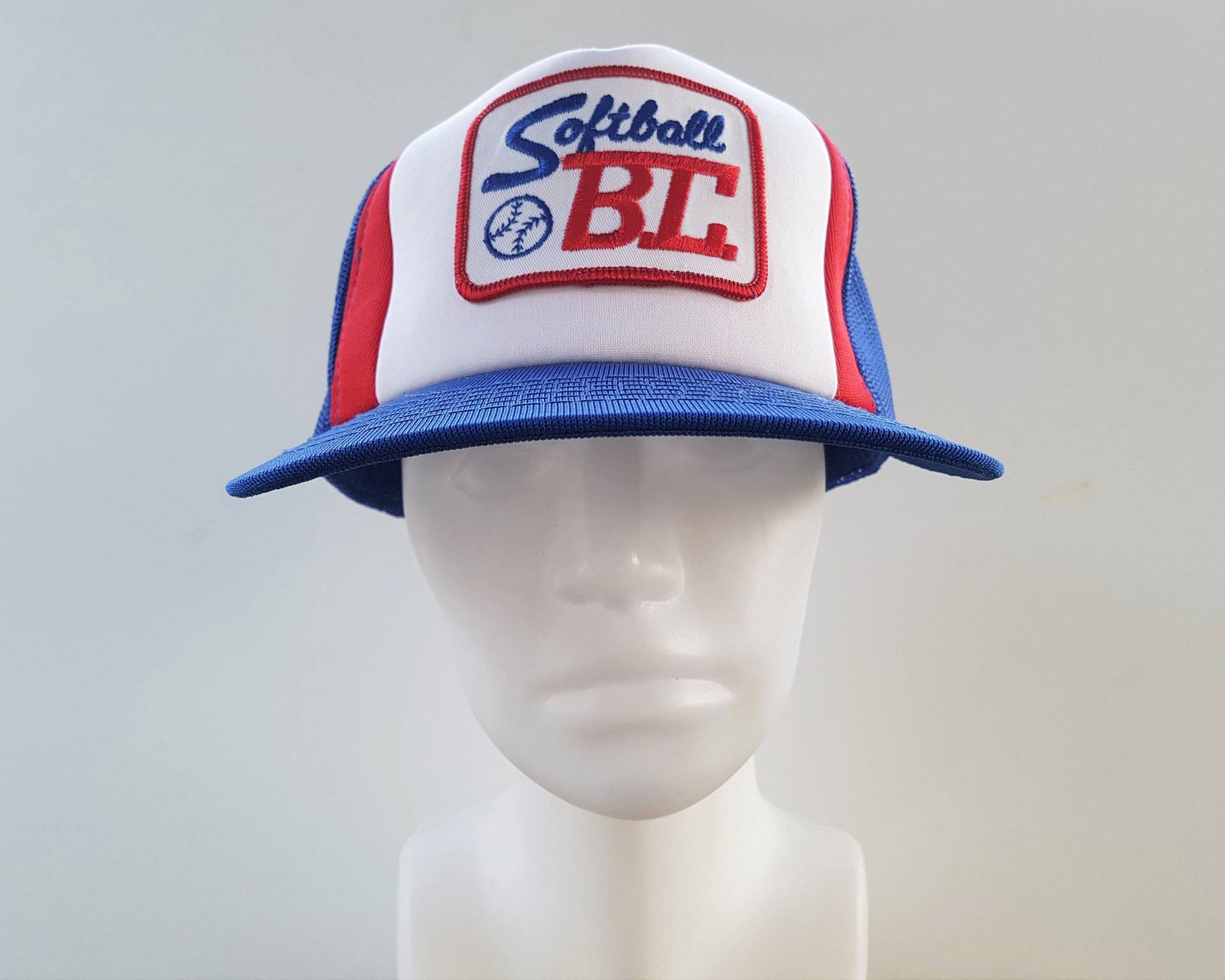 Vintage 80Er Jahre Softball Bc Original Tri Color Trucker Hat Blaue Mesh Snapback Baseballkappe Retro Old School British Columbia Fastball Ballcap von HatsForward